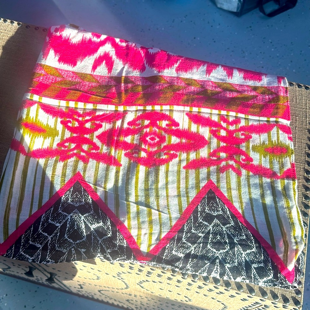 Stella & Dot scarf with black, bright, pink and green.